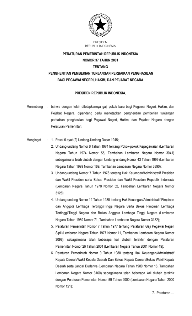 Peraturan Pemerintah Nomor 37 Tahun 2001