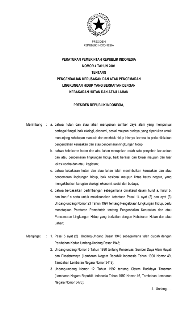 Peraturan Pemerintah Nomor 4 Tahun 2001