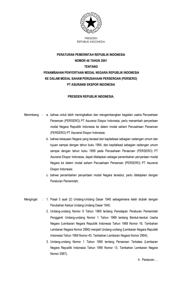 Peraturan Pemerintah Nomor 46 Tahun 2001