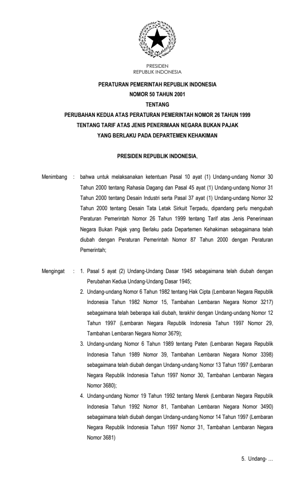 Peraturan Pemerintah Nomor 50 Tahun 2001