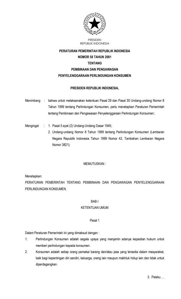 Peraturan Pemerintah Nomor 58 Tahun 2001