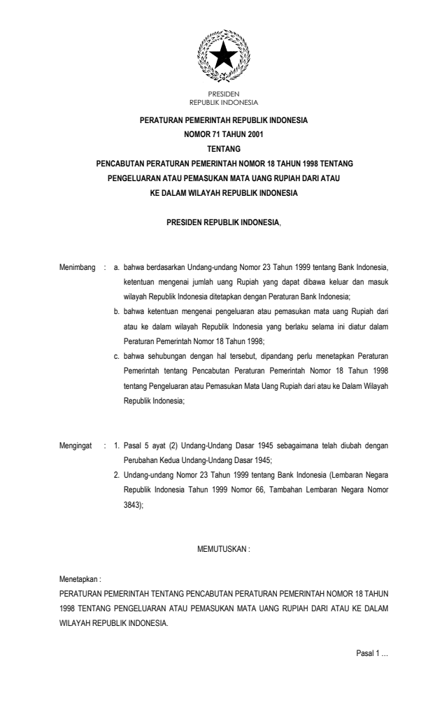 Peraturan Pemerintah Nomor 71 Tahun 2001