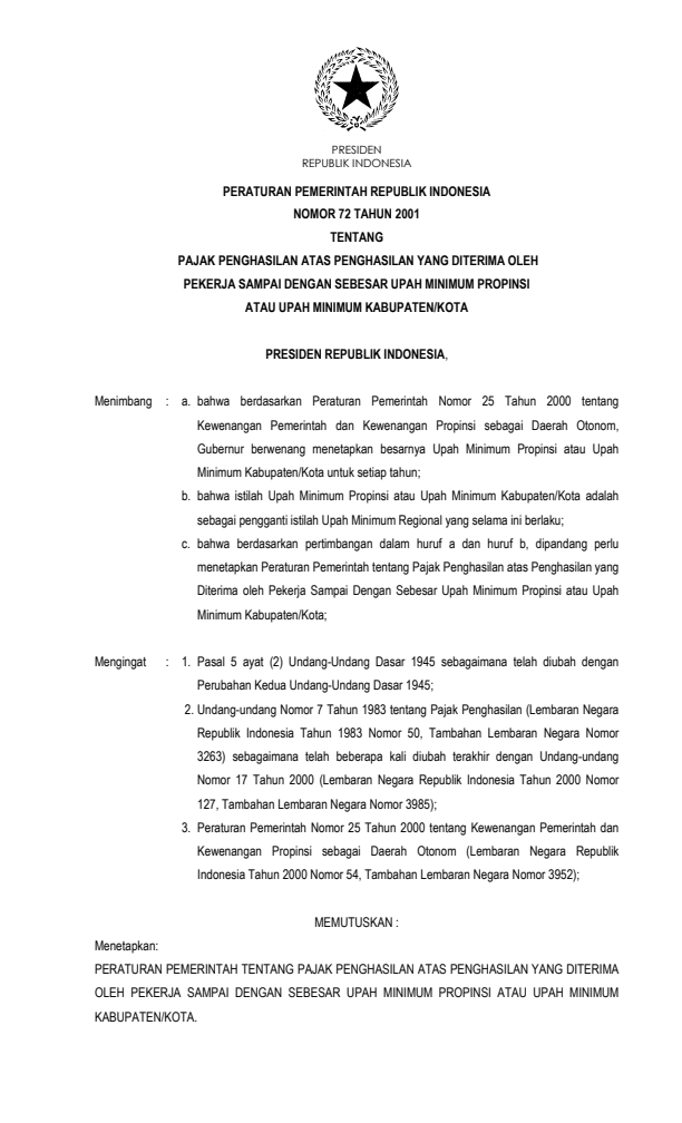 Peraturan Pemerintah Nomor 72 Tahun 2001