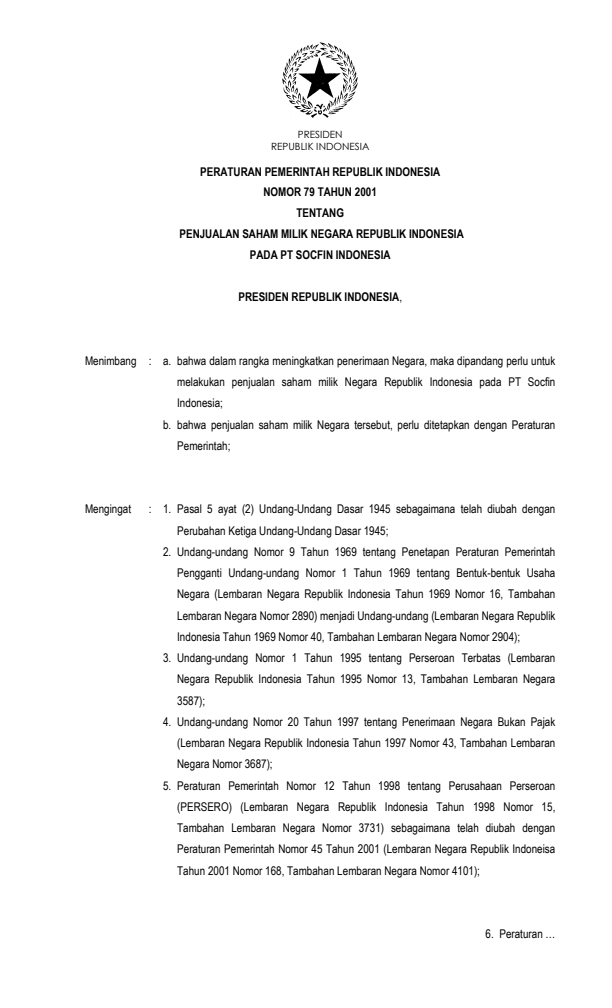 Peraturan Pemerintah Nomor 79 Tahun 2001