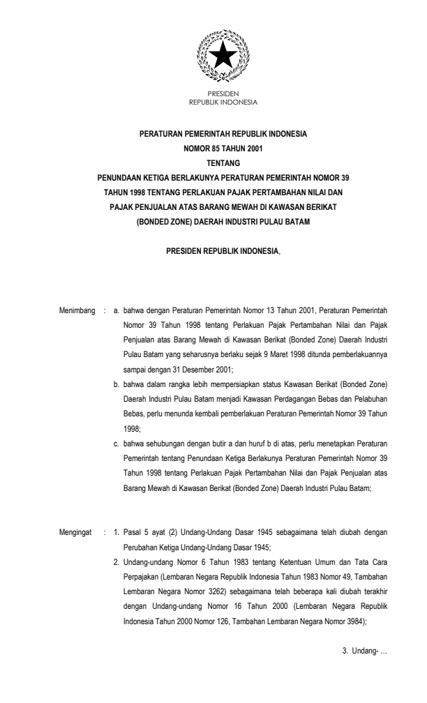 Peraturan Pemerintah Nomor 85 Tahun 2001