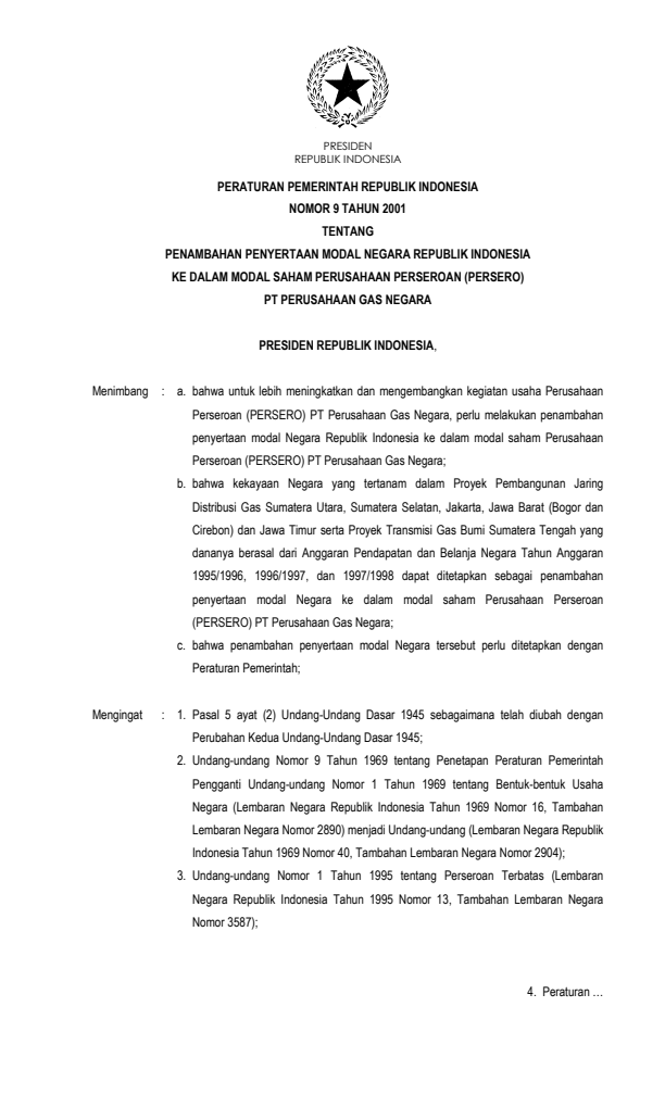 Peraturan Pemerintah Nomor 9 Tahun 2001