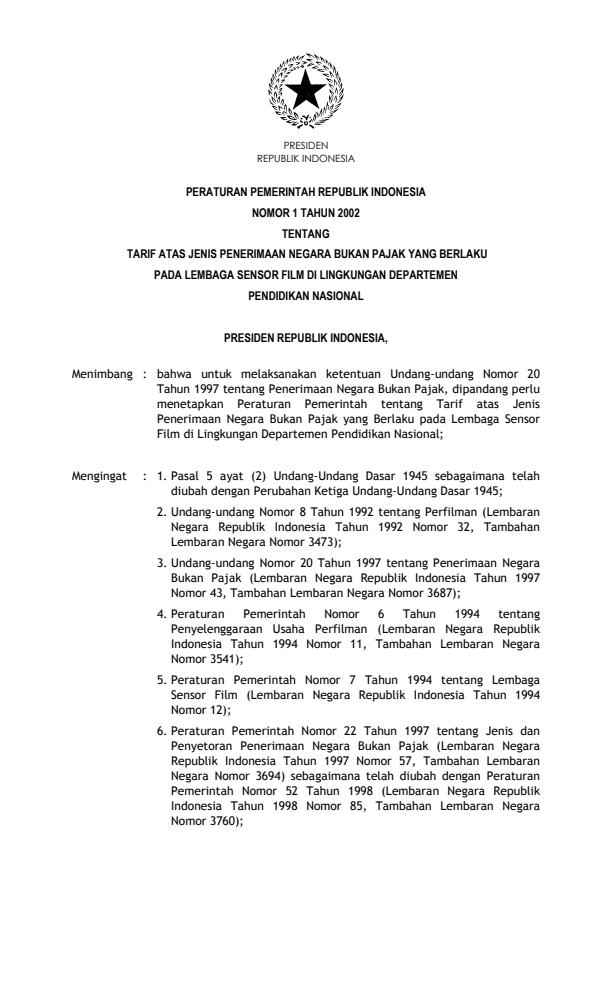 Peraturan Pemerintah Nomor 1 Tahun 2002