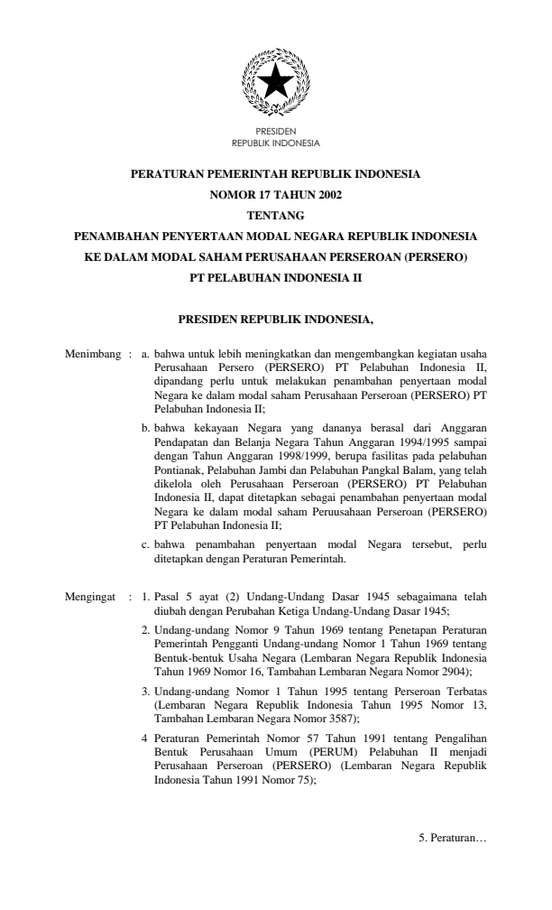 Peraturan Pemerintah Nomor 17 Tahun 2002