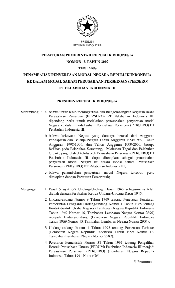 Peraturan Pemerintah Nomor 18 Tahun 2002