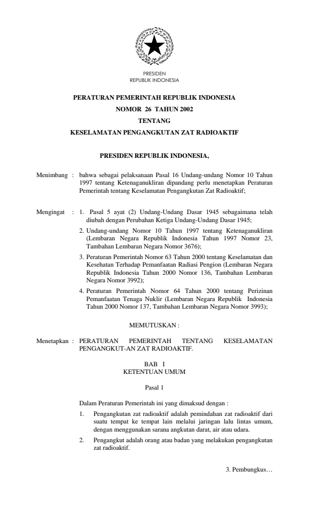 Peraturan Pemerintah Nomor 26 Tahun 2002