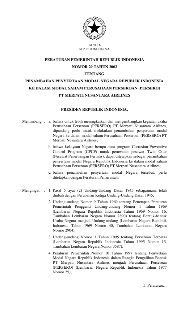 Peraturan Pemerintah Nomor 29 Tahun 2002