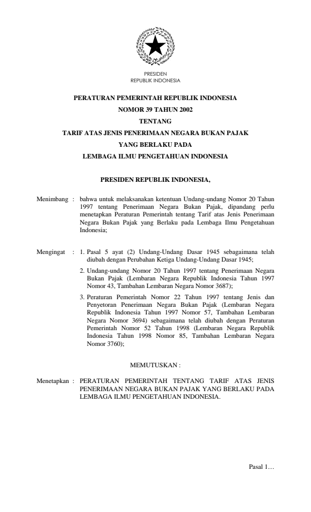 Peraturan Pemerintah Nomor 39 Tahun 2002