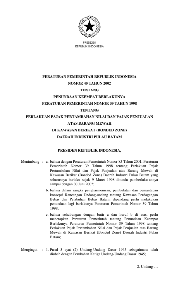 Peraturan Pemerintah Nomor 40 Tahun 2002