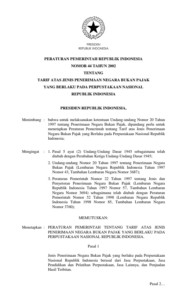 Peraturan Pemerintah Nomor 44 Tahun 2002