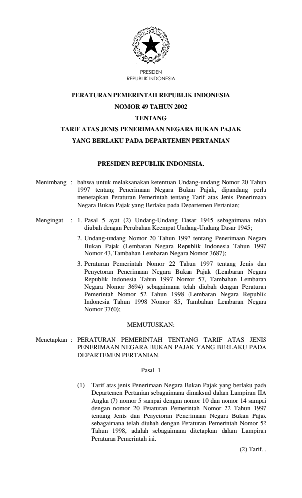 Peraturan Pemerintah Nomor 49 Tahun 2002