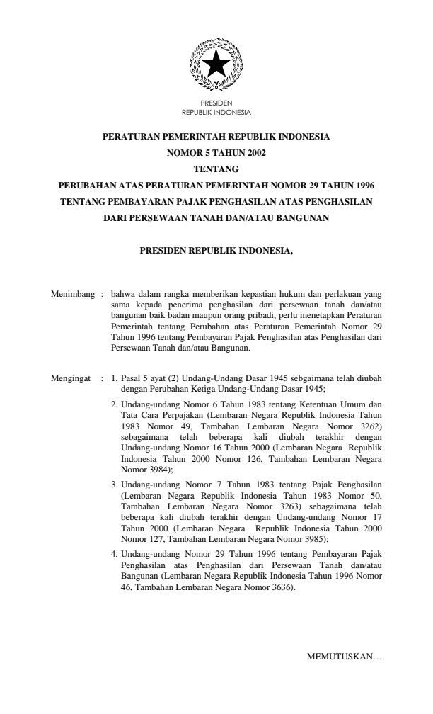 Peraturan Pemerintah Nomor 5 Tahun 2002