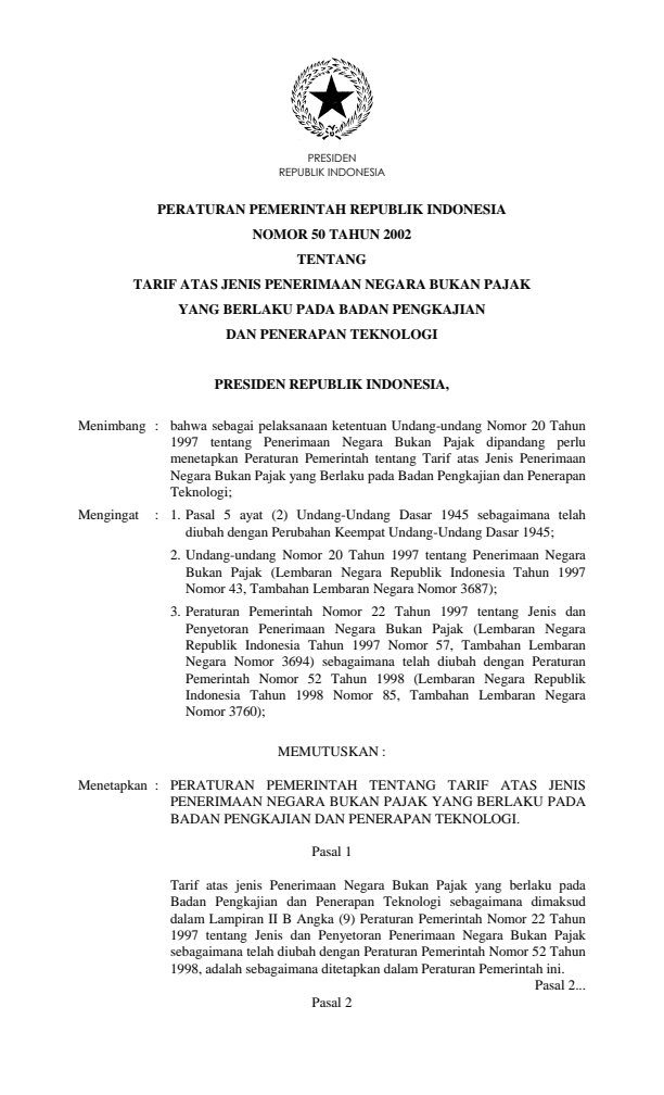 Peraturan Pemerintah Nomor 50 Tahun 2002