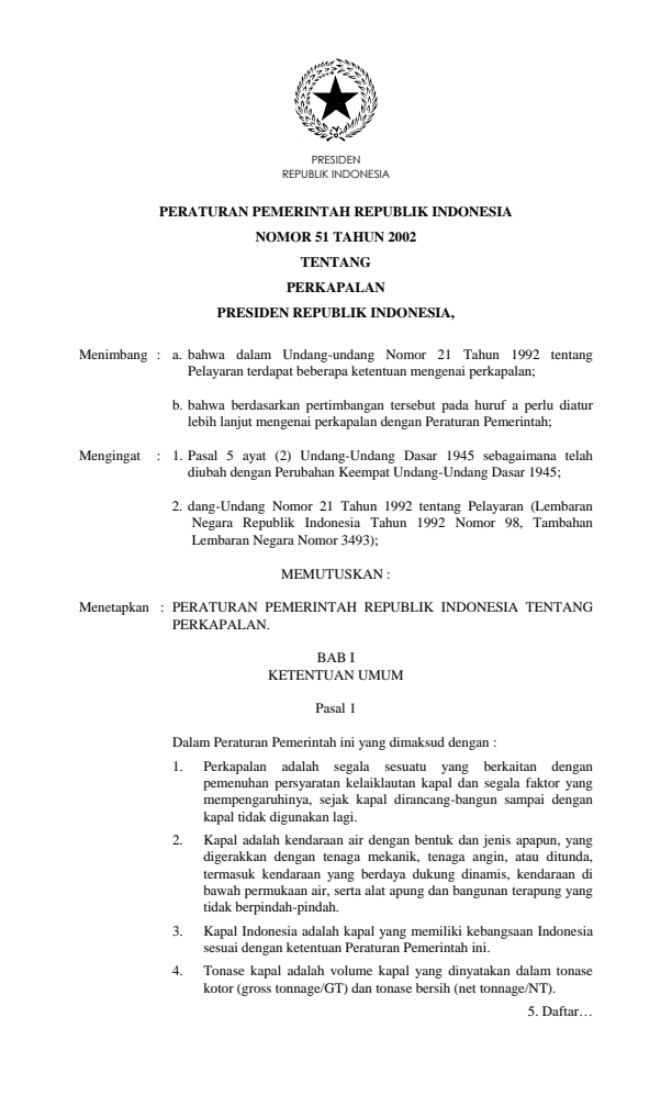 Peraturan Pemerintah Nomor 51 Tahun 2002