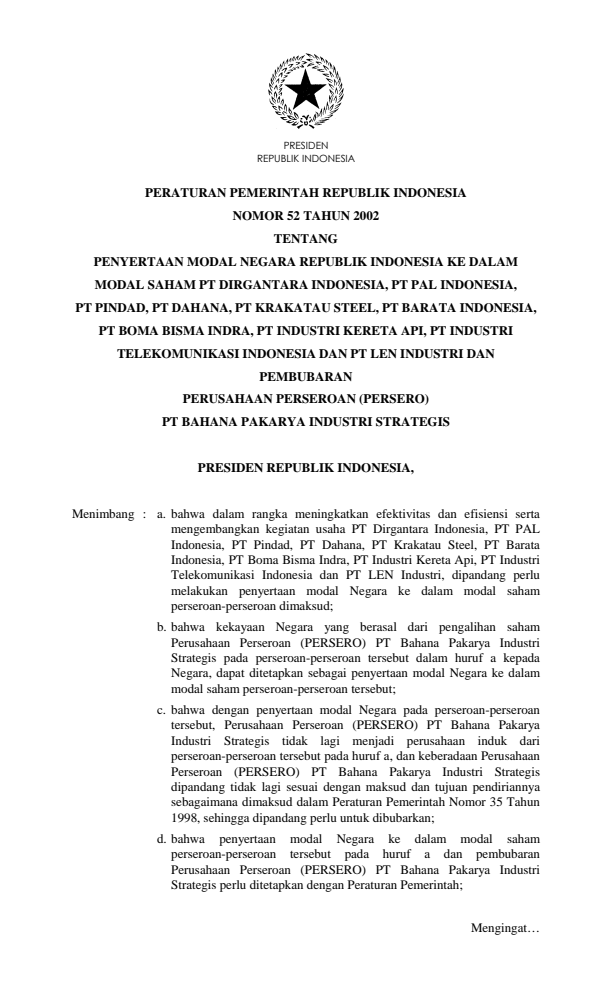 Peraturan Pemerintah Nomor 52 Tahun 2002