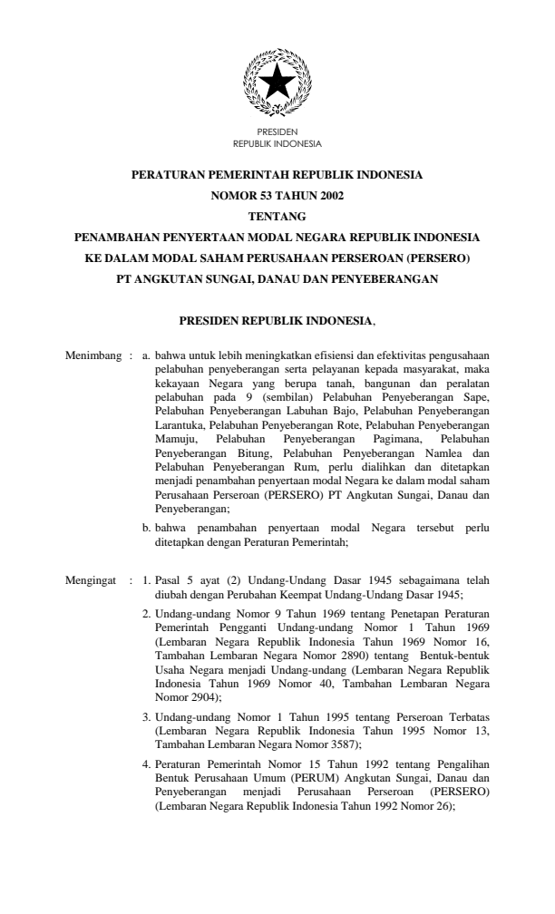 Peraturan Pemerintah Nomor 53 Tahun 2002