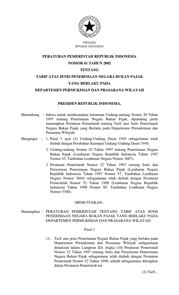 Peraturan Pemerintah Nomor 61 Tahun 2002