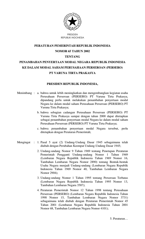 Peraturan Pemerintah Nomor 65 Tahun 2002