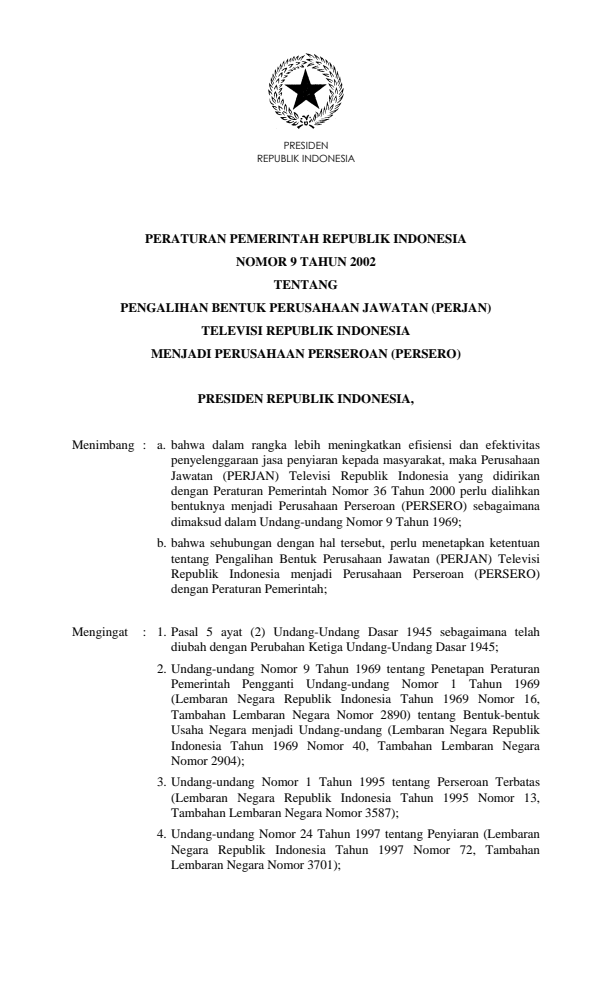 Peraturan Pemerintah Nomor 9 Tahun 2002