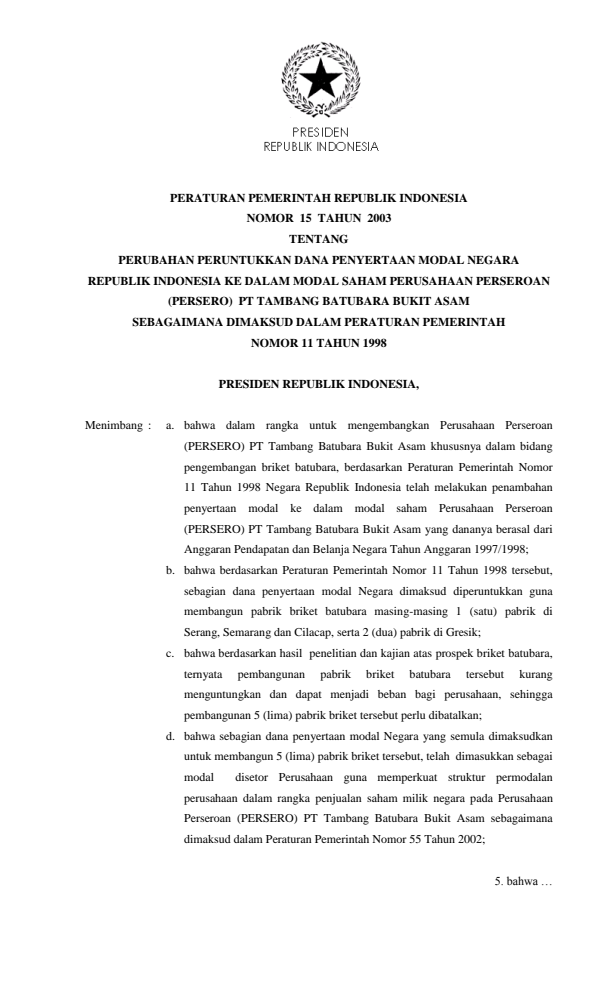 Peraturan Pemerintah Nomor 15 Tahun 2003