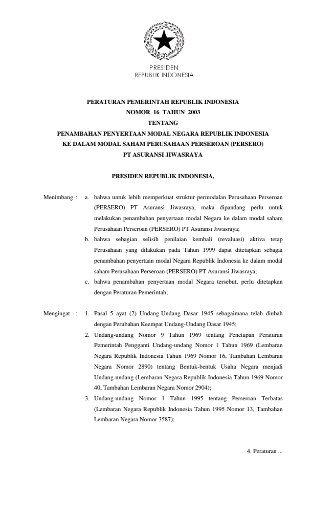 Peraturan Pemerintah Nomor 16 Tahun 2003