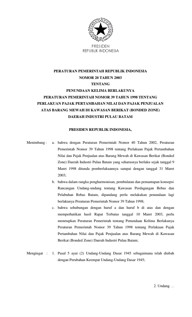 Peraturan Pemerintah Nomor 20 Tahun 2003