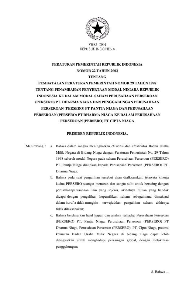 Peraturan Pemerintah Nomor 22 Tahun 2003