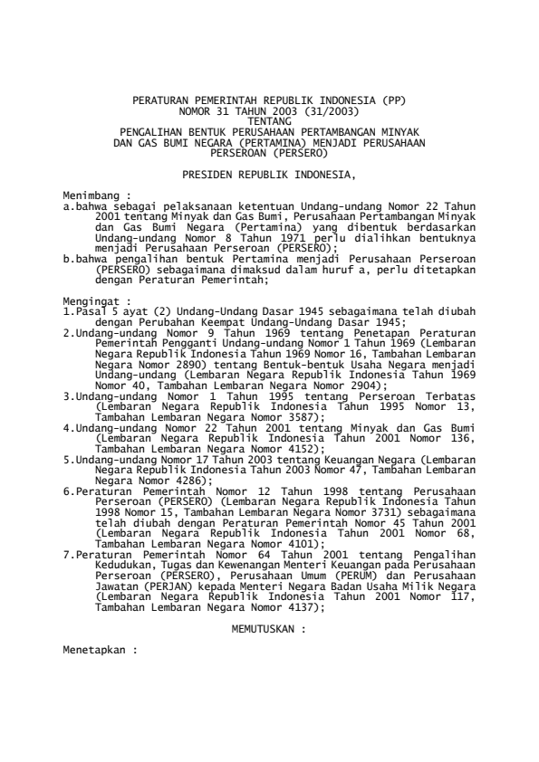 Peraturan Pemerintah Nomor 31 Tahun 2003