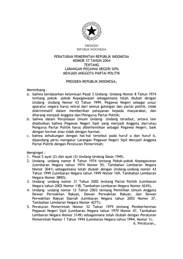 Peraturan Pemerintah Nomor 37 Tahun 2004