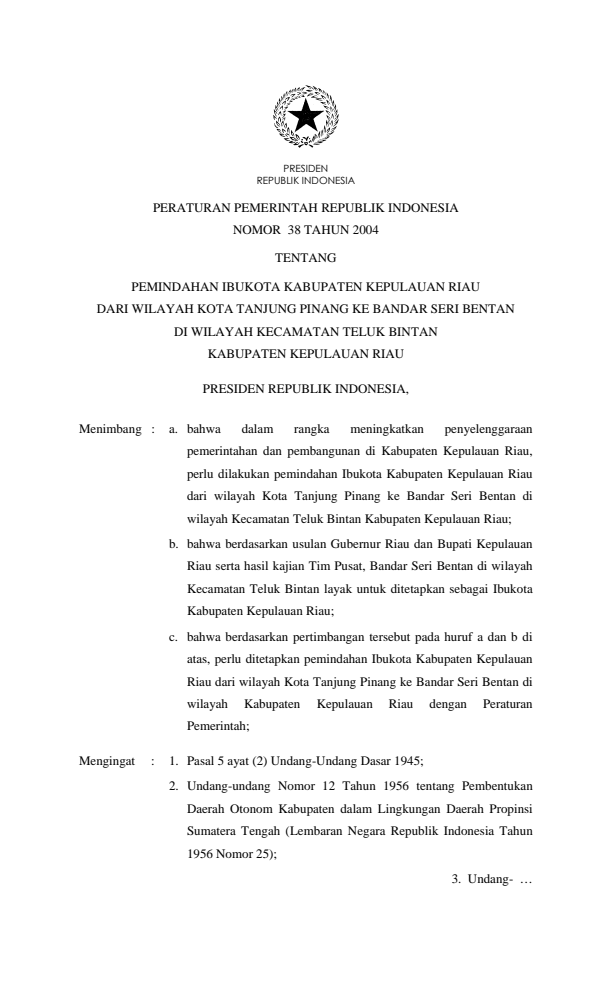 Peraturan Pemerintah Nomor 38 Tahun 2004