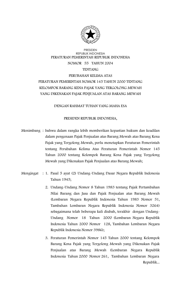 Peraturan Pemerintah Nomor 55 Tahun 2004