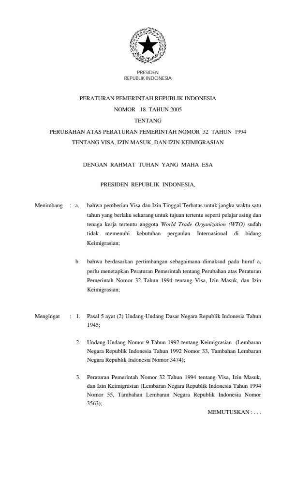 Peraturan Pemerintah Nomor 18 Tahun 2005