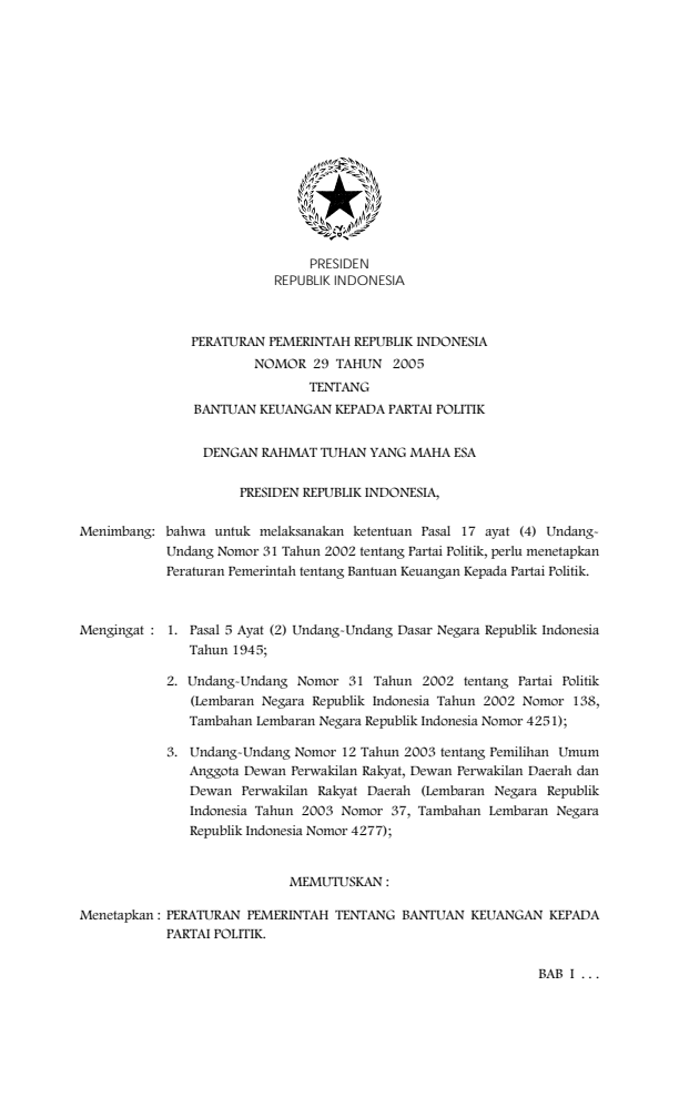 Peraturan Pemerintah Nomor 29 Tahun 2005