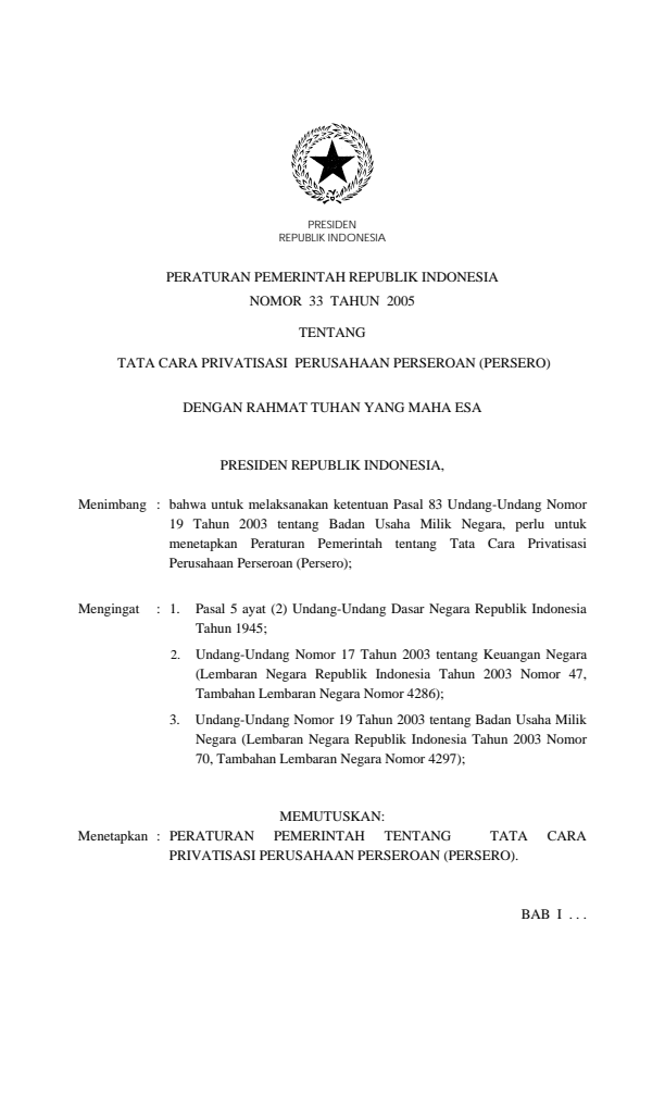 Peraturan Pemerintah Nomor 33 Tahun 2005