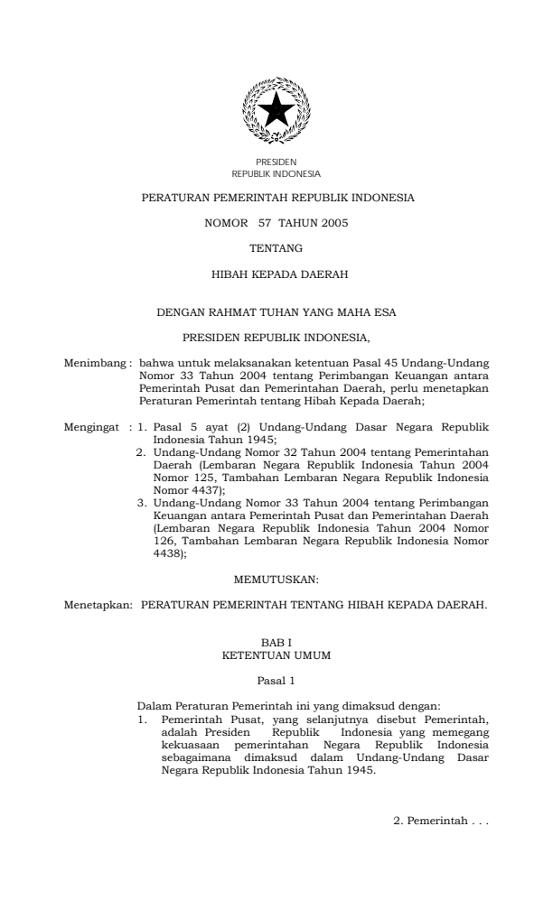 Peraturan Pemerintah Nomor 57 Tahun 2005