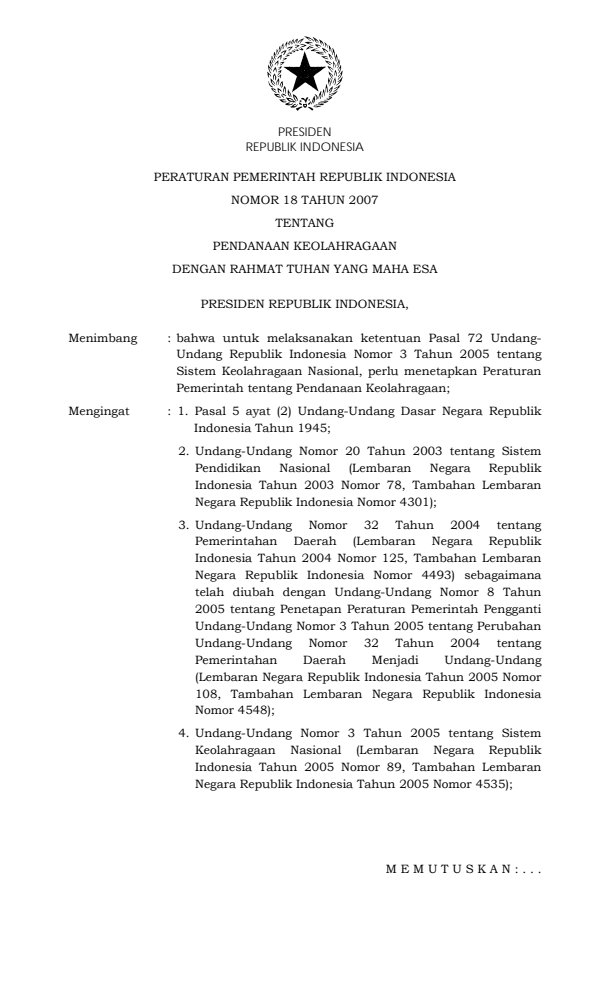 Peraturan Pemerintah Nomor 18 Tahun 2007