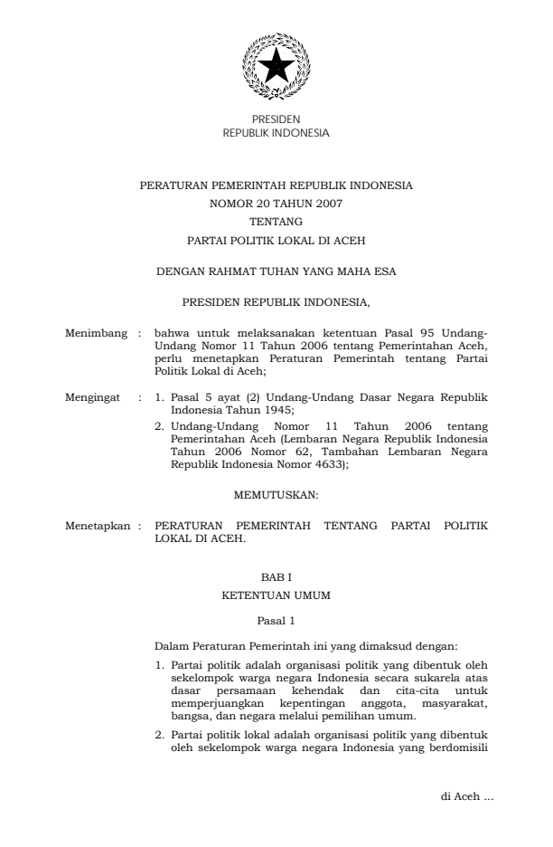 Peraturan Pemerintah Nomor 20 Tahun 2007