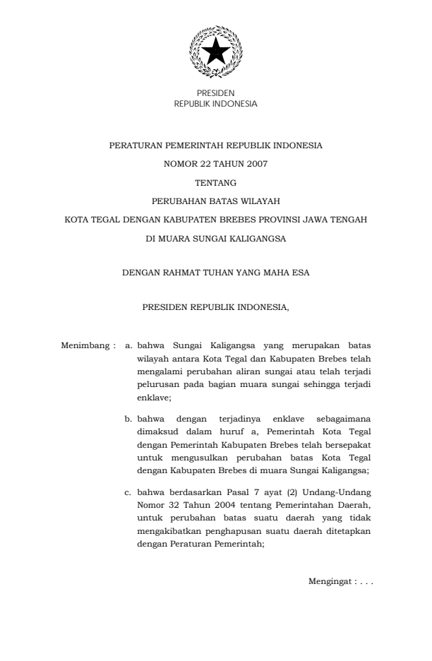 Peraturan Pemerintah Nomor 22 Tahun 2007