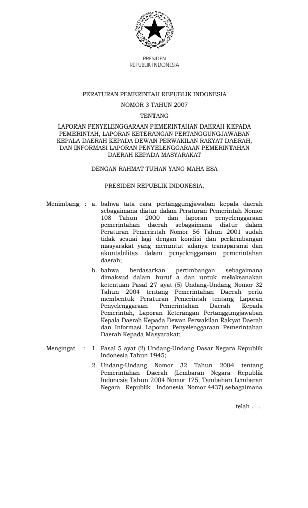 Peraturan Pemerintah Nomor 3 Tahun 2007