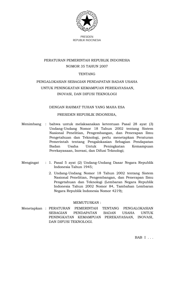 Peraturan Pemerintah Nomor 35 Tahun 2007