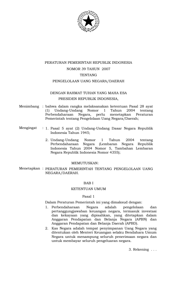 Peraturan Pemerintah Nomor 39 Tahun 2007