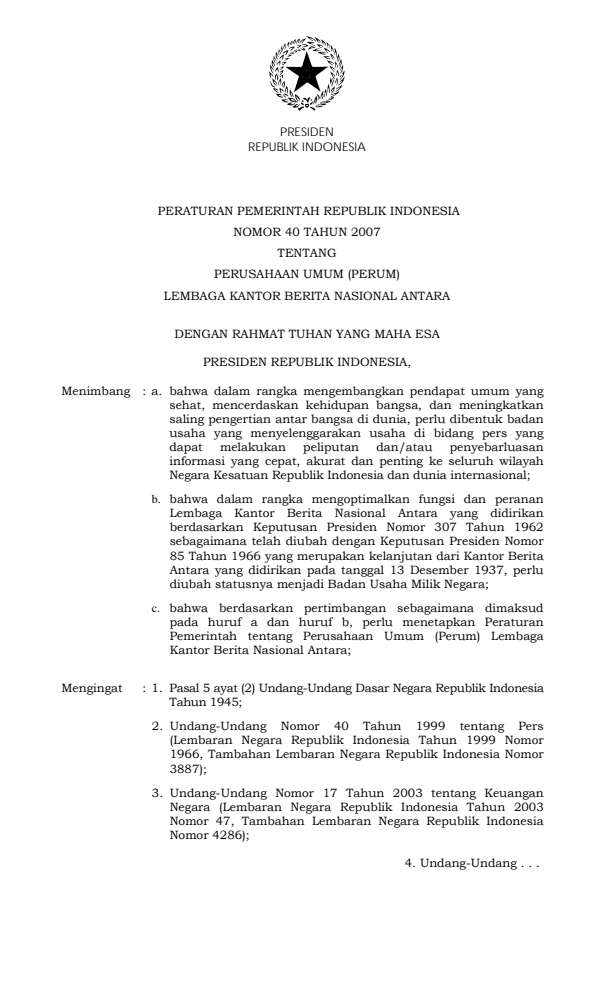 Peraturan Pemerintah Nomor 40 Tahun 2007