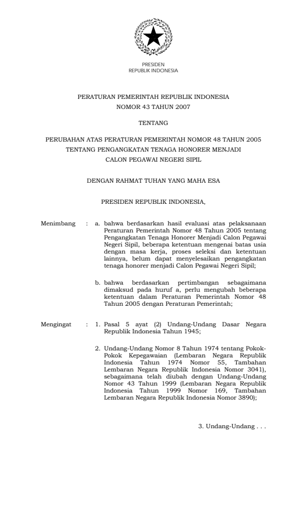 Peraturan Pemerintah Nomor 43 Tahun 2007