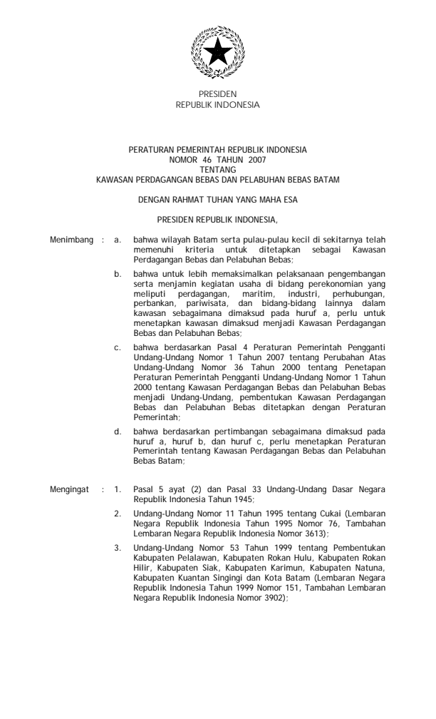 Peraturan Pemerintah Nomor 46 Tahun 2007