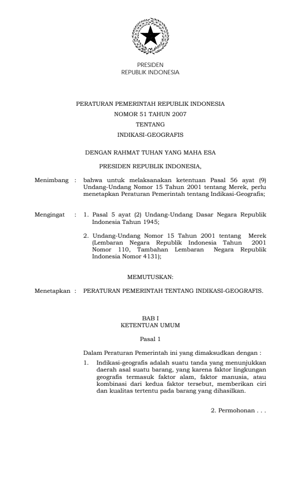 Peraturan Pemerintah Nomor 51 Tahun 2007