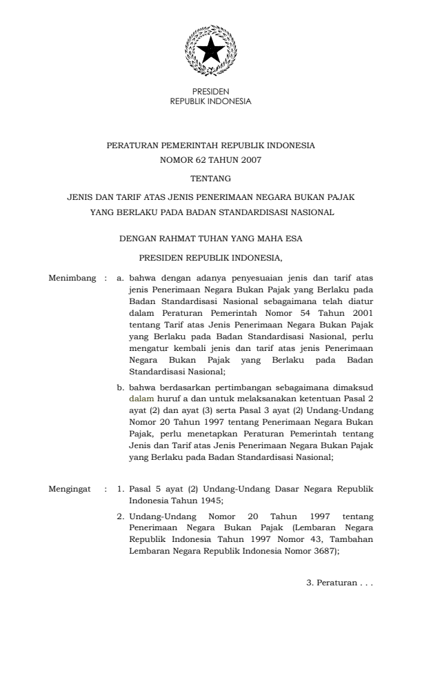 Peraturan Pemerintah Nomor 62 Tahun 2007